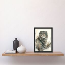 Artery8 Manul Pallas Cat Portrait in Wildflowers Watercolour Illustration Artwork Framed Wall Art Print A4 in Black - thumbnail 2