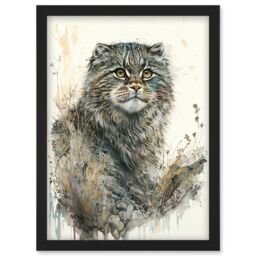 Artery8 Manul Pallas Cat Portrait in Wildflowers Watercolour Illustration Artwork Framed Wall Art Print A4 in Black - thumbnail 1