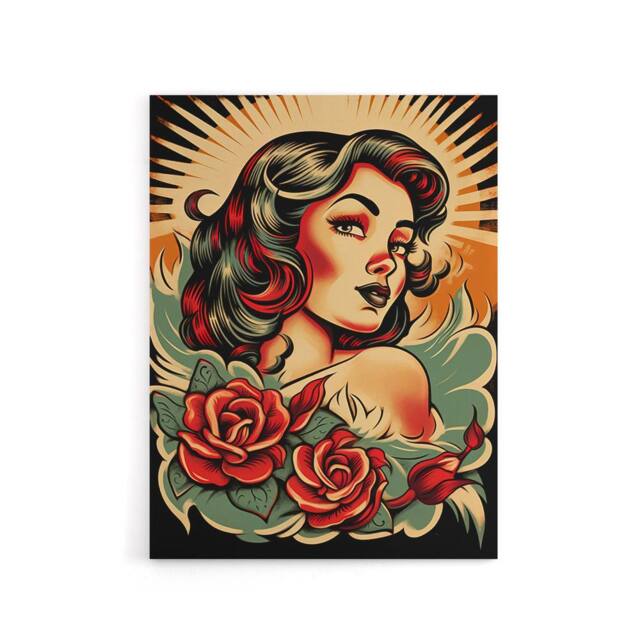 "Artery8 Rockabilly Pin Up & Roses Tattoo Style Canvas Wall Art Print - Size: W12"" x H16""" - image 1