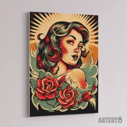 "Artery8 Rockabilly Pin Up & Roses Tattoo Style Canvas Wall Art Print - Size: W12"" x H16""" - thumbnail 2