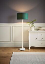 ValueLights Charlie White Metal Single Stem Floor Lamp with Fabric Drum Lamp Shade in Bottle Green