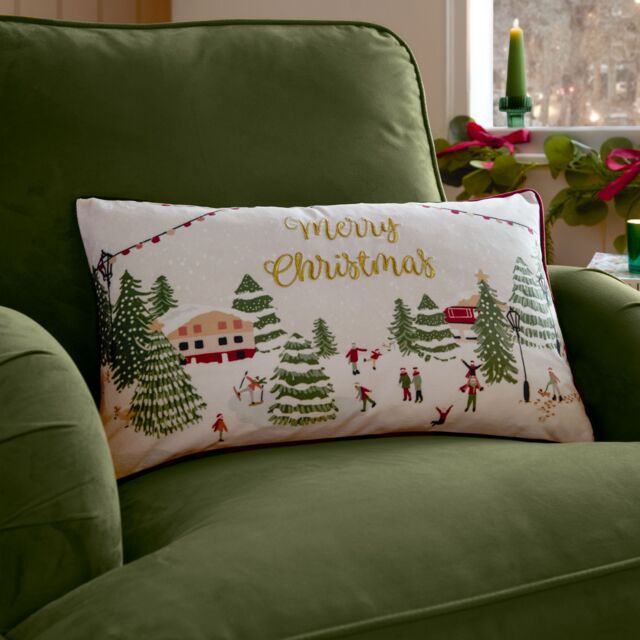 Furn Joy To All Embroidered Velvet Cushion in Red - Size: 30 cm x 50 cm - image 1