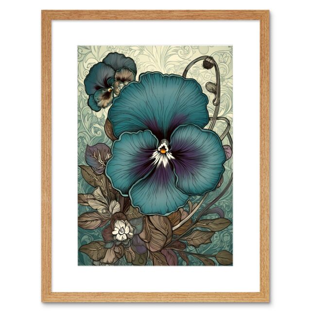 "Artery8 Wall Art Print Blue & Purple Pansy Flower & Floral Patterns Artwork Framed 9X7 Inch in Beige - Size: W7"" x H9""" - image 1