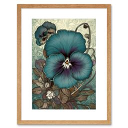 "Artery8 Wall Art Print Blue & Purple Pansy Flower & Floral Patterns Artwork Framed 9X7 Inch in Beige - Size: W7"" x H9""" - thumbnail 1
