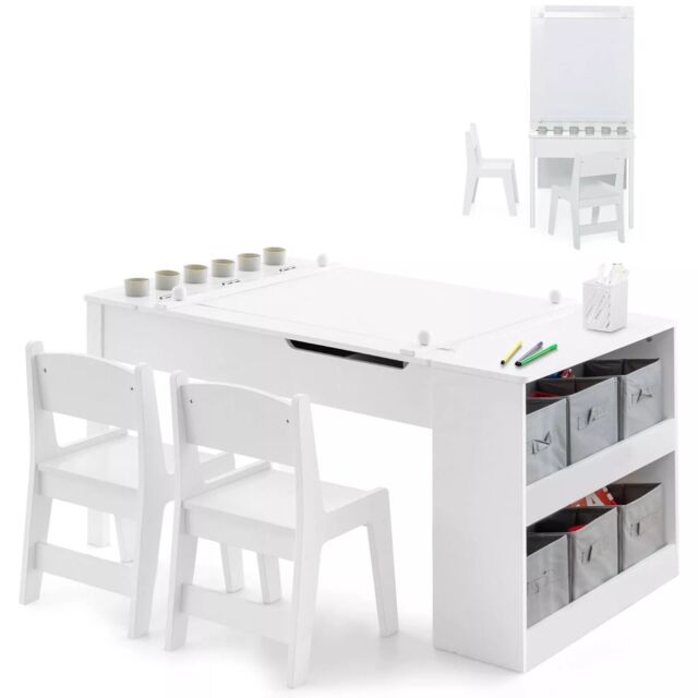 Costway 2-in-1 Art Table & Chairs Set Wooden Toddler Craft Easel Desk W/ Shelves in White - image 1