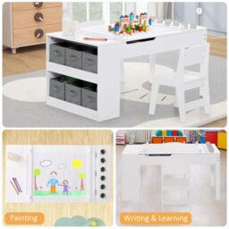 Costway 2-in-1 Art Table & Chairs Set Wooden Toddler Craft Easel Desk W/ Shelves in White - thumbnail 4