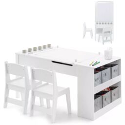 Costway 2-in-1 Art Table & Chairs Set Wooden Toddler Craft Easel Desk W/ Shelves in White - thumbnail 1
