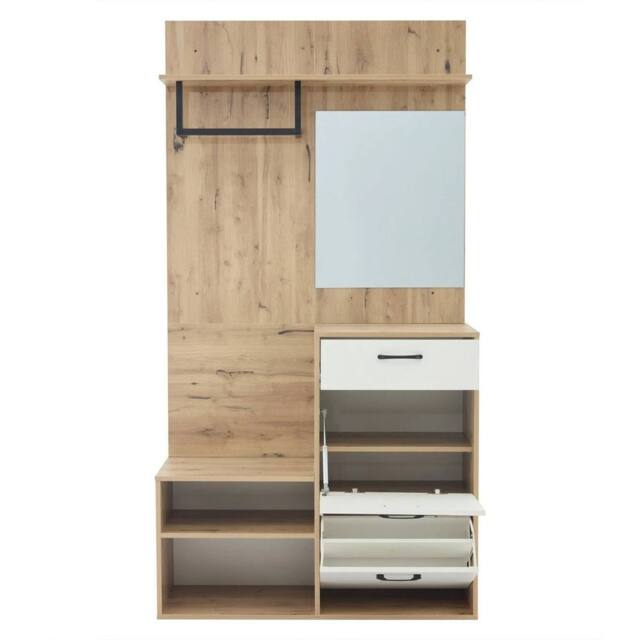 KORVIXA White Wood Entryway Shoe Bench Coat Hooks Drawer Hallway Cabinet - Size: 100 cm x 100 cm - image 1