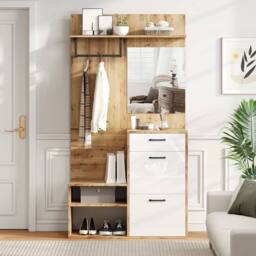 KORVIXA White Wood Entryway Shoe Bench Coat Hooks Drawer Hallway Cabinet - Size: 100 cm x 100 cm - thumbnail 3