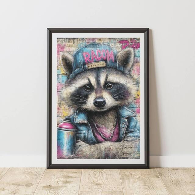60 SECOND MAKEOVER Raccoon Graffiti Print Urban Street Art Poster Junk Journal - Size: A4 - image 1