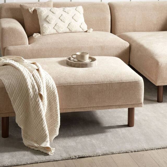 Wyld and Coco Beige Water-Repellent Ottoman with Eucalyptus Wood Legs - image 1