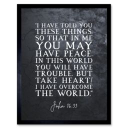 Artery8 Wall Art Print John 16:33 Peace Take Heart I have Overcome the World Christian Bible Verse Quote Scripture Typography Art Framed - thumbnail 1