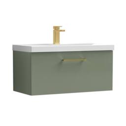 Balterley 800mm Wall Hung 1 Drawer Vanity Basin Unit, Satin Green, Brass Handle in Green
