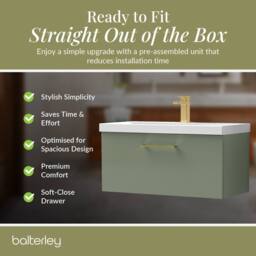 Balterley 800mm Wall Hung 1 Drawer Vanity Basin Unit, Satin Green, Brass Handle in Green - thumbnail 4