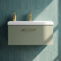 Balterley 800mm Wall Hung 1 Drawer Vanity Basin Unit, Satin Green, Brass Handle in Green - thumbnail 9