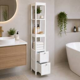 SPOT ON DEALZ White Bathroom Tallboy Storage Cabinet 3 Shelves 2 Door Slim Cupboard - thumbnail 4