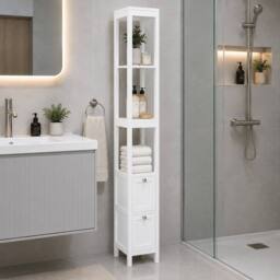 SPOT ON DEALZ White Bathroom Tallboy Storage Cabinet 3 Shelves 2 Door Slim Cupboard - thumbnail 9