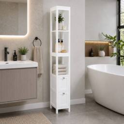 SPOT ON DEALZ White Bathroom Tallboy Storage Cabinet 3 Shelves 2 Door Slim Cupboard - thumbnail 8