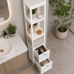 SPOT ON DEALZ White Bathroom Tallboy Storage Cabinet 3 Shelves 2 Door Slim Cupboard - thumbnail 3
