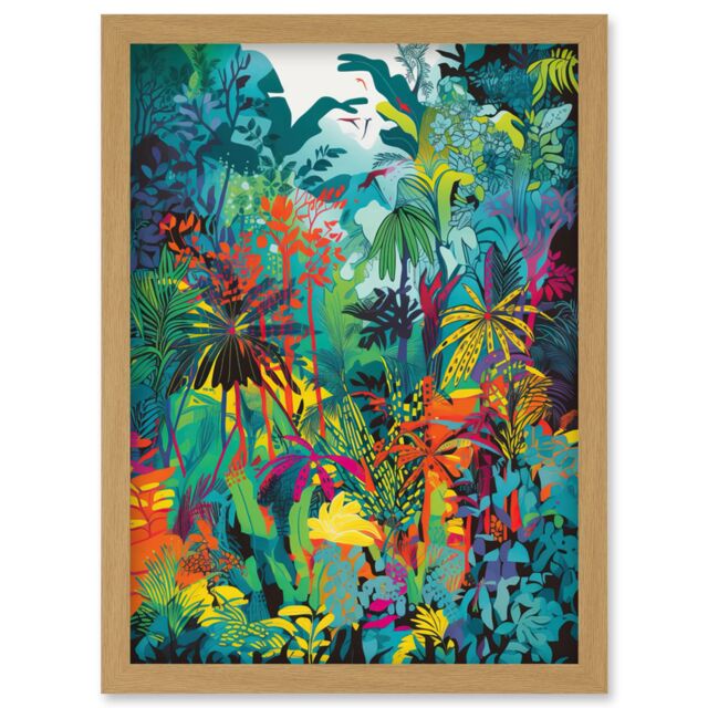 Artery8 Rainforest Landscape Vibrant Multicoloured Nature Artwork Framed Wall Art Print A4 in Light Oak - image 1