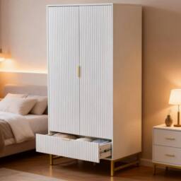FURNITURE ONE 2-Doors Wardrobe Cabinet with Drawers in White - Size: Medium