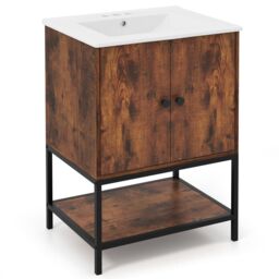 Costway Bathroom Vanity Unit Under Sink Bathroom Storage Cabinet-Coffee in Brown