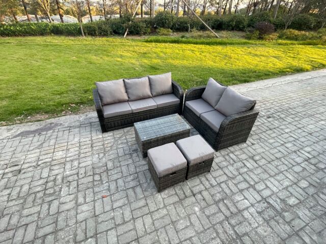 Fimous 7 Seater Rattan Wicker Garden Furniture Patio Conservatory Sofa Set with Rectangular Coffee Table 3 Seater Sofa Love Sofa 2 Small Footstools - image 1