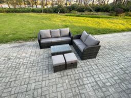 Fimous 7 Seater Rattan Wicker Garden Furniture Patio Conservatory Sofa Set with Rectangular Coffee Table 3 Seater Sofa Love Sofa 2 Small Footstools - thumbnail 2