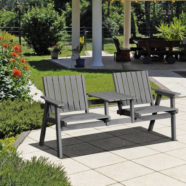 OUTSUNNY Wooden Garden Loveseat with Parasol Hole in Grey - image 1