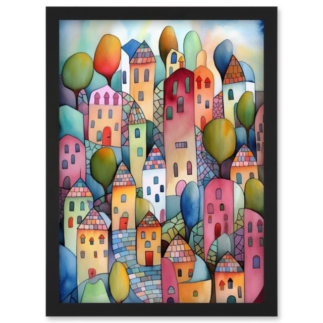 Artery8 Village On The Hill Cobble Streets Folk Art Artwork Framed Wall Art Print A4 in Black - image 1
