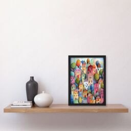 Artery8 Village On The Hill Cobble Streets Folk Art Artwork Framed Wall Art Print A4 in Black - thumbnail 2