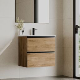 Banyetti Akiro 600mm Wall Hung Vanity Unit with Lira Basin-Walnut in Walnut - thumbnail 3
