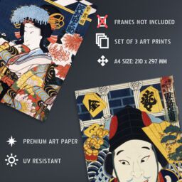Artery8 Set of 3 Vintage Japanese Theatre Colourful Kabuki Wall Art Prints - Size: A3 - thumbnail 4