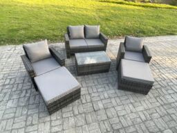 Fimous Outdoor Rattan Garden Furniture Set 6 Seater Patio Lounge Sofa Set with Coffee Table 2 Big Footstool Dark Grey Mixed - thumbnail 2