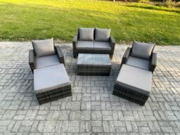 Fimous Outdoor Rattan Garden Furniture Set 6 Seater Patio Lounge Sofa Set with Coffee Table 2 Big Footstool Dark Grey Mixed - thumbnail 1