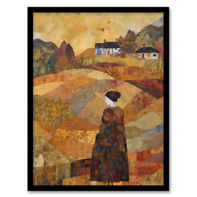 Artery8 Our Harvest Fields By Jenny Adamson Autumn Farm Klimt Warm Orange Ochre Pastel Shades Artwork Framed Wall Art Print A4 in Black - image 1