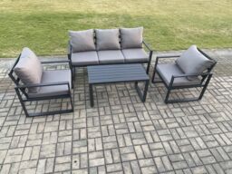 Fimous Aluminium Outdoor Garden Furniture Set Patio Lounge Sofa with Oblong Coffee Table 2 Armchairs Set Dark Grey - thumbnail 2