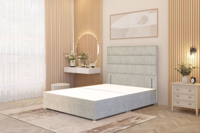 Somnior Chambery Divan Bed Frame with Floor Standing Headboard Plush Velvet in Silver - Size: Single - image 1