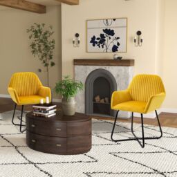 HOMCOM Modern Accent Chair Velvet Upholstered Lounge Armchair Set of 2 in Yellow