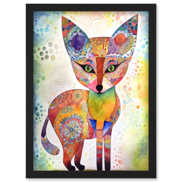 Artery8 Fox Folk Art Watercolour Painting Artwork Framed Wall Art Print A4 in Black - image 1