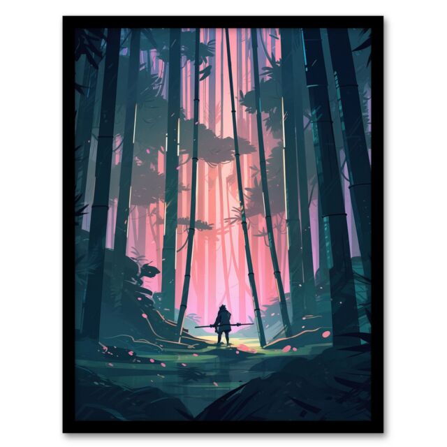 Artery8 Wall Art Print Samurai Master in Bamboo Forest at Dawn Concept Painting Pastel Colour Pink Blue Green Warrior Practicing Martial Arts in - image 1