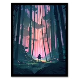 Artery8 Wall Art Print Samurai Master in Bamboo Forest at Dawn Concept Painting Pastel Colour Pink Blue Green Warrior Practicing Martial Arts in - thumbnail 1