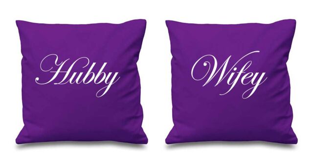 60 SECOND MAKEOVER Hubby Wifey Cushion Covers in Purple - Size: 40 cm x 40 cm