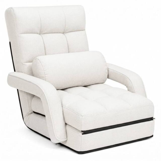 KORVIXA White Adjustable Folding Lazy Sofa Bed with Armrests & Pillow - Size: 100 cm x 100 cm - image 1