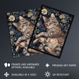 "Artery8 Cute Moggie Sleeping in Daisy Field Cat Lover Framed Wall Art in Dark Blue - Size: W12"" x H16""" - thumbnail 2