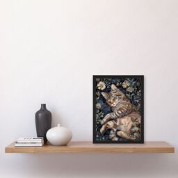 "Artery8 Cute Moggie Sleeping in Daisy Field Cat Lover Framed Wall Art in Dark Blue - Size: W12"" x H16""" - thumbnail 4