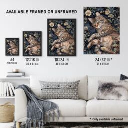 "Artery8 Cute Moggie Sleeping in Daisy Field Cat Lover Framed Wall Art in Dark Blue - Size: W12"" x H16""" - thumbnail 3