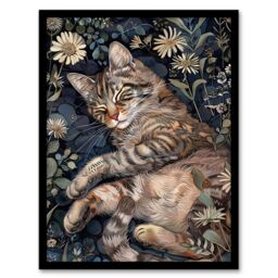 "Artery8 Cute Moggie Sleeping in Daisy Field Cat Lover Framed Wall Art in Dark Blue - Size: W12"" x H16""" - thumbnail 1