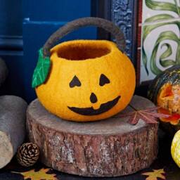 Paper High Felt Trick Or Treat Halloween Pumpkin Basket in Orange - thumbnail 1