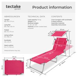 tectake Set Of 2 Sun Loungers in Pink - Size: 2 Seater - thumbnail 6